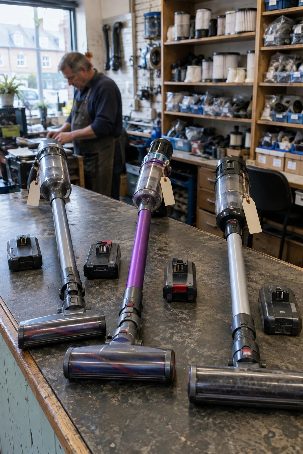 Disken i et lille støvsugerværksted med tre ledningsfrie stave liggende med batterierne taget ud, hylder med reservedele bagved